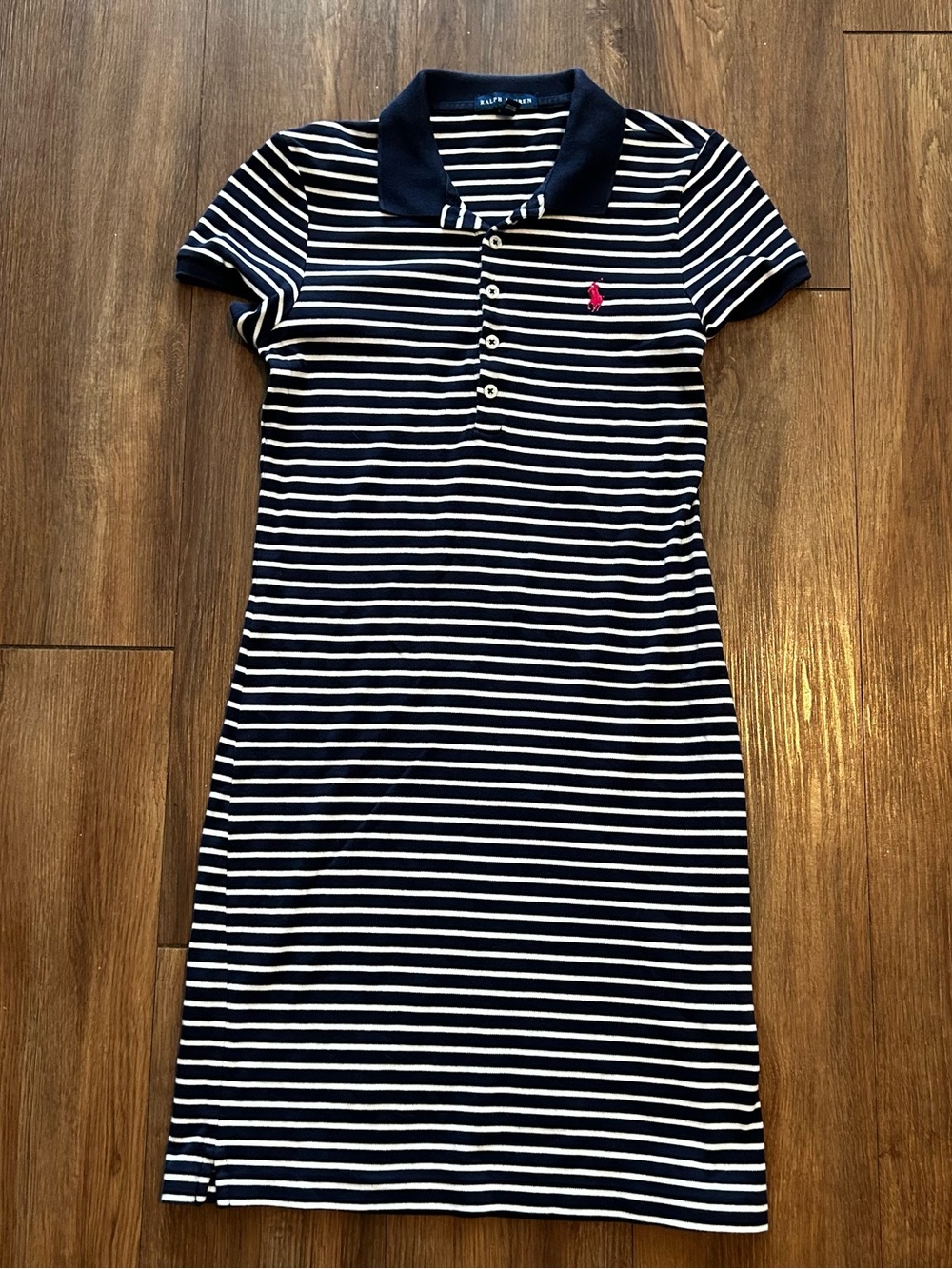 Vintage Ralph Lauren Navy White Stripe Polo Dress Red Pony Cotton Womens S